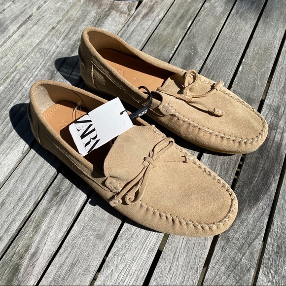 🍂 ZARA TAN SUEDE LEATHER STITCHED MOCCASINS! - Picture 1 of 16